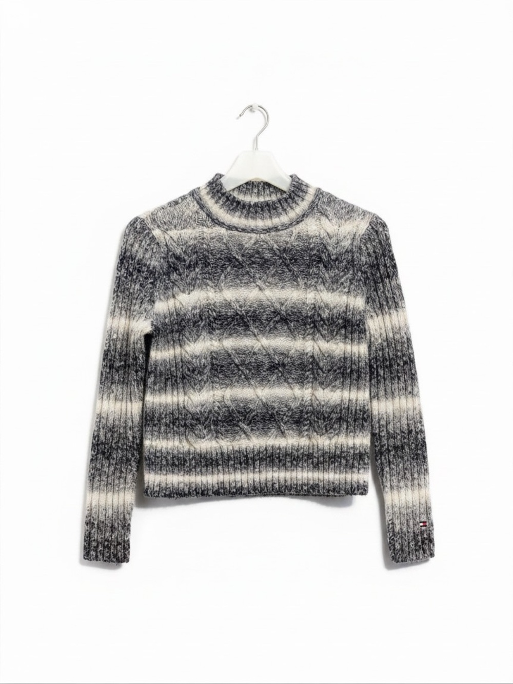 Tommy Hilfiger Black and White Striped Cable Turtleneck Sweater